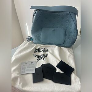MCM Calfskin Leather Ottomar Monogram Large Klara Hobo Bag in Luft Blue
